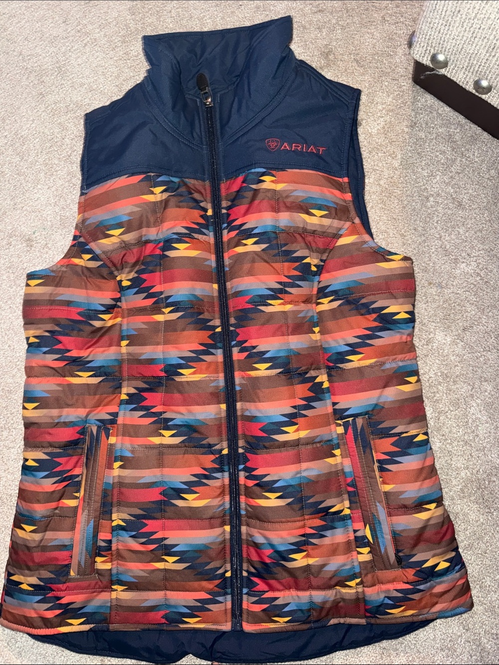 Ariat Navy Quilted Vest with Multicolor Geometric Pattern